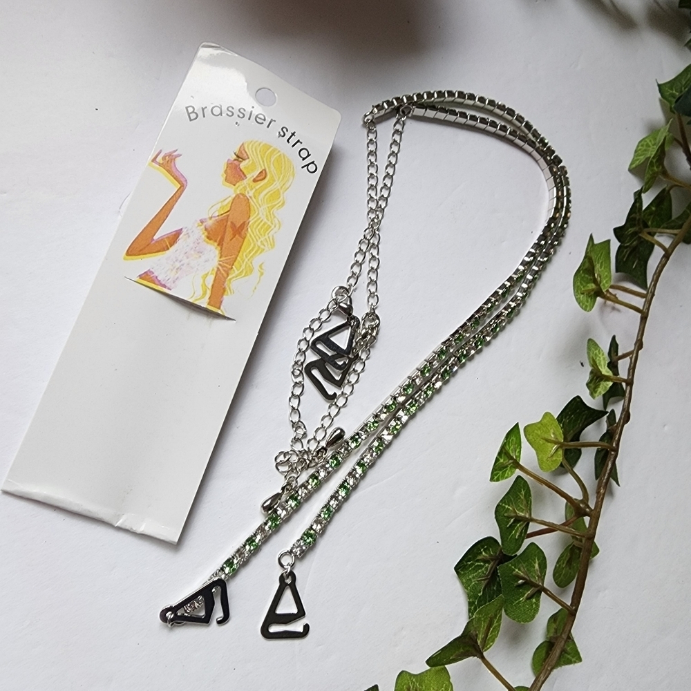 Silver with Green and Clear Crystal Rhinestone Bra Straps New
